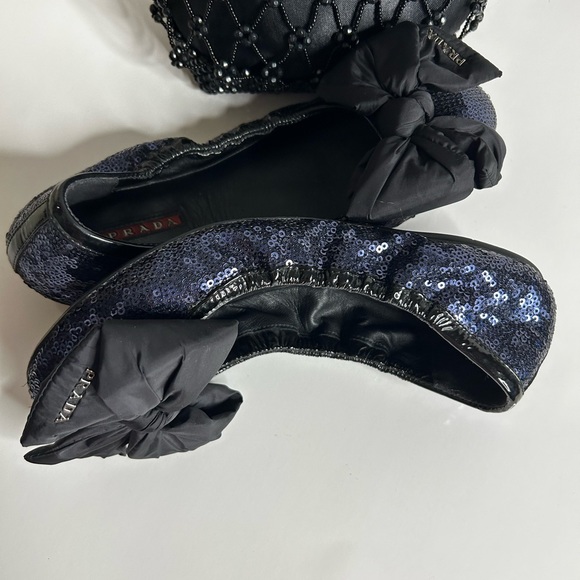 PRADA RARE BALLET FLATS SEQUENCE GLITTER BLACK Genuine  PATENT SATIN BOW - Picture 8 of 15